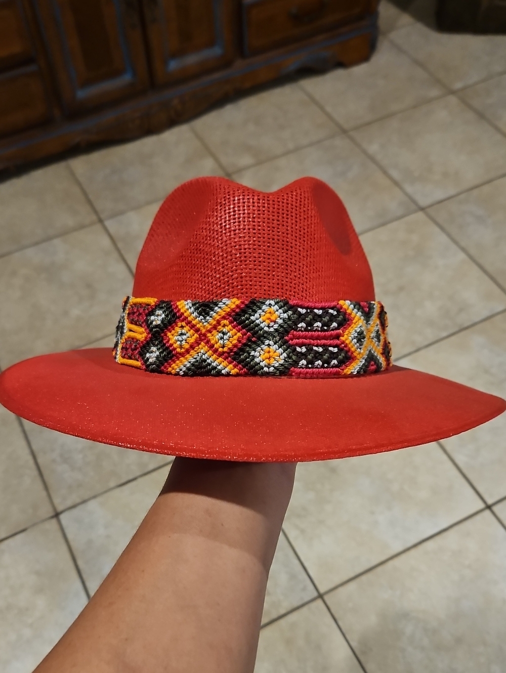 Red Women's Wide-Brim Fedora with Beaded Band